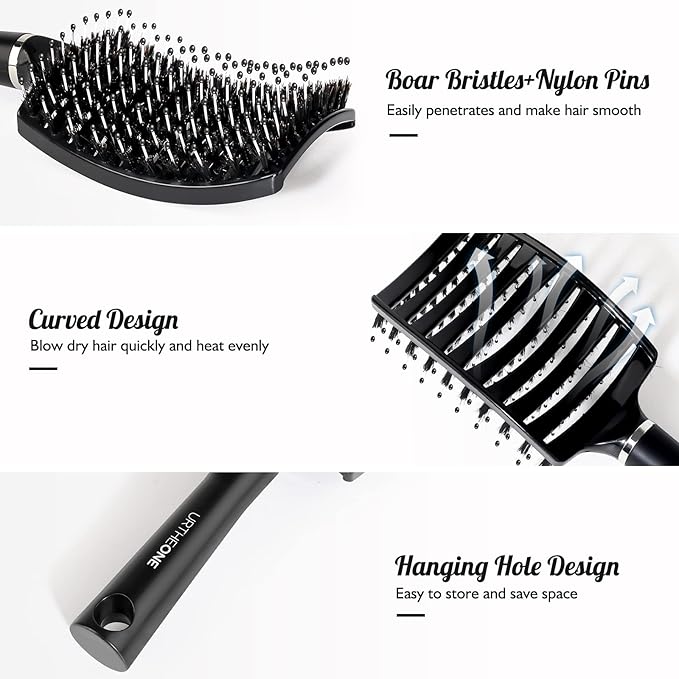 Hair Brush,URTHEONE Detangling Hairbrush Boar Bristle Curved Vented Hair Brush for Women Men Kids Curly Thick Long Short Wet or Dry Hair, Faster Blow Drying(2Pack, Black&Purple）