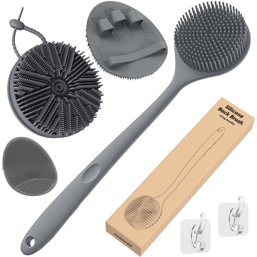 Manmihealth Silicone Body Scrubber Shower Brush Set Thin Bristles Gray