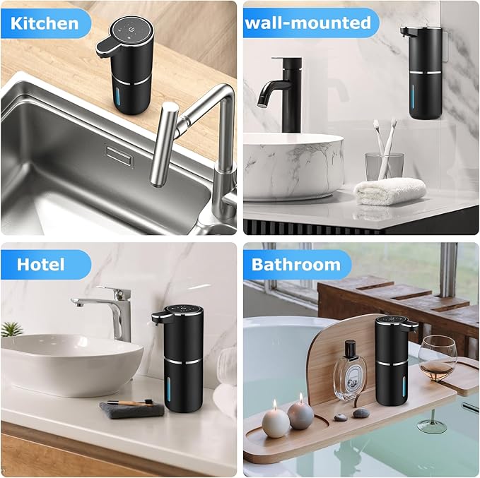 Automatic Foaming Soap Dispenser,Touchless Soap Dispenser with 4 Adjustable Foam Levels,Wall Mounted and USB Rechargeable,12.8oz Large Capacity for Bathroom,Kitchen Sink,Dish Soap(Black)