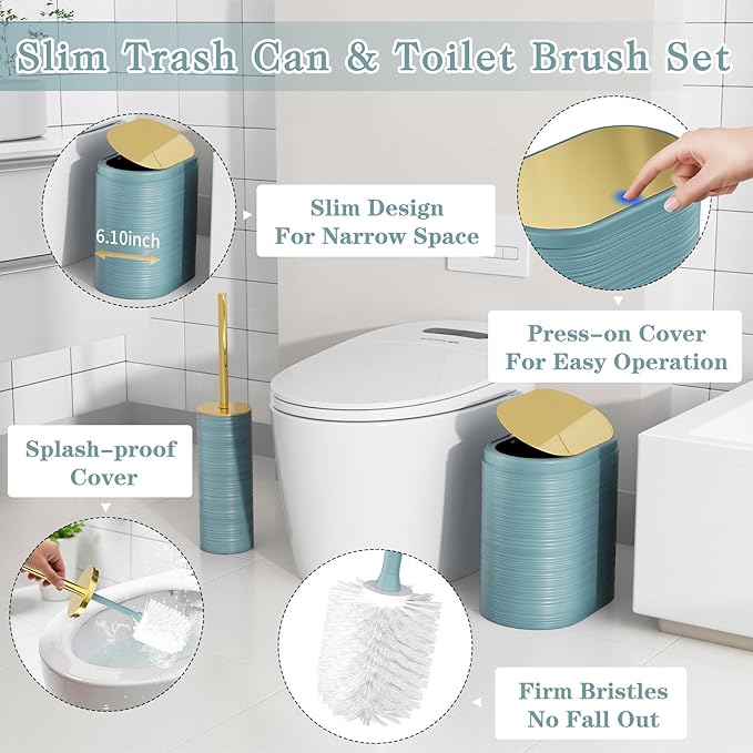 InnJoey Bathroom Set, 10PC Bathroom Accessory Set, Light Blue Bathroom Accessories, Blue and Gold Bathroom Set with Trash Can, Soap Dispensers
