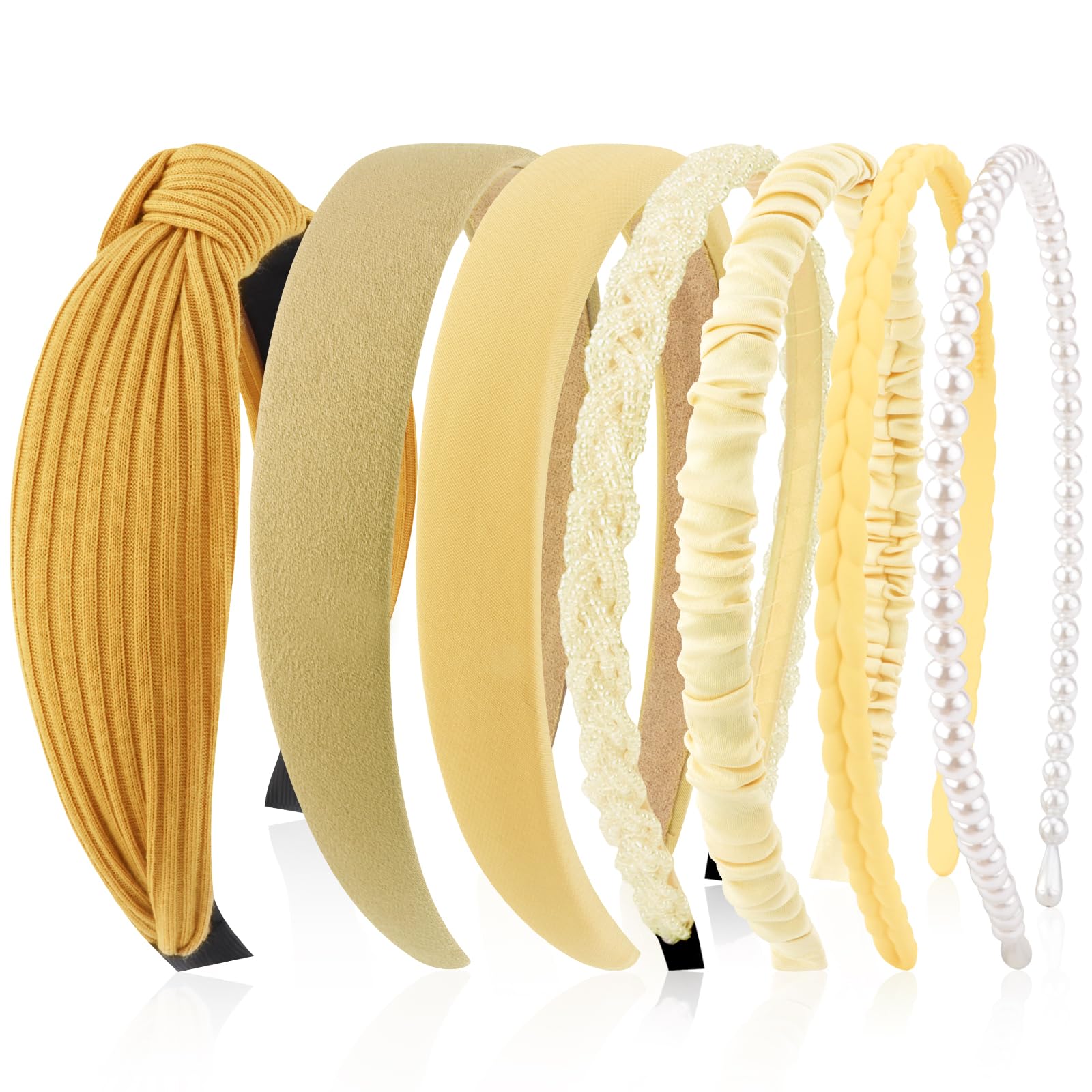 VELSCRUN Headbands for Women 7 Pcs Different Yellow Fashion Knotted Solid Head Bands Pearl Headband Non Slip Hair Band for Womens Gilrs Thin Thick Short Hair Face Wash Hair Accessories