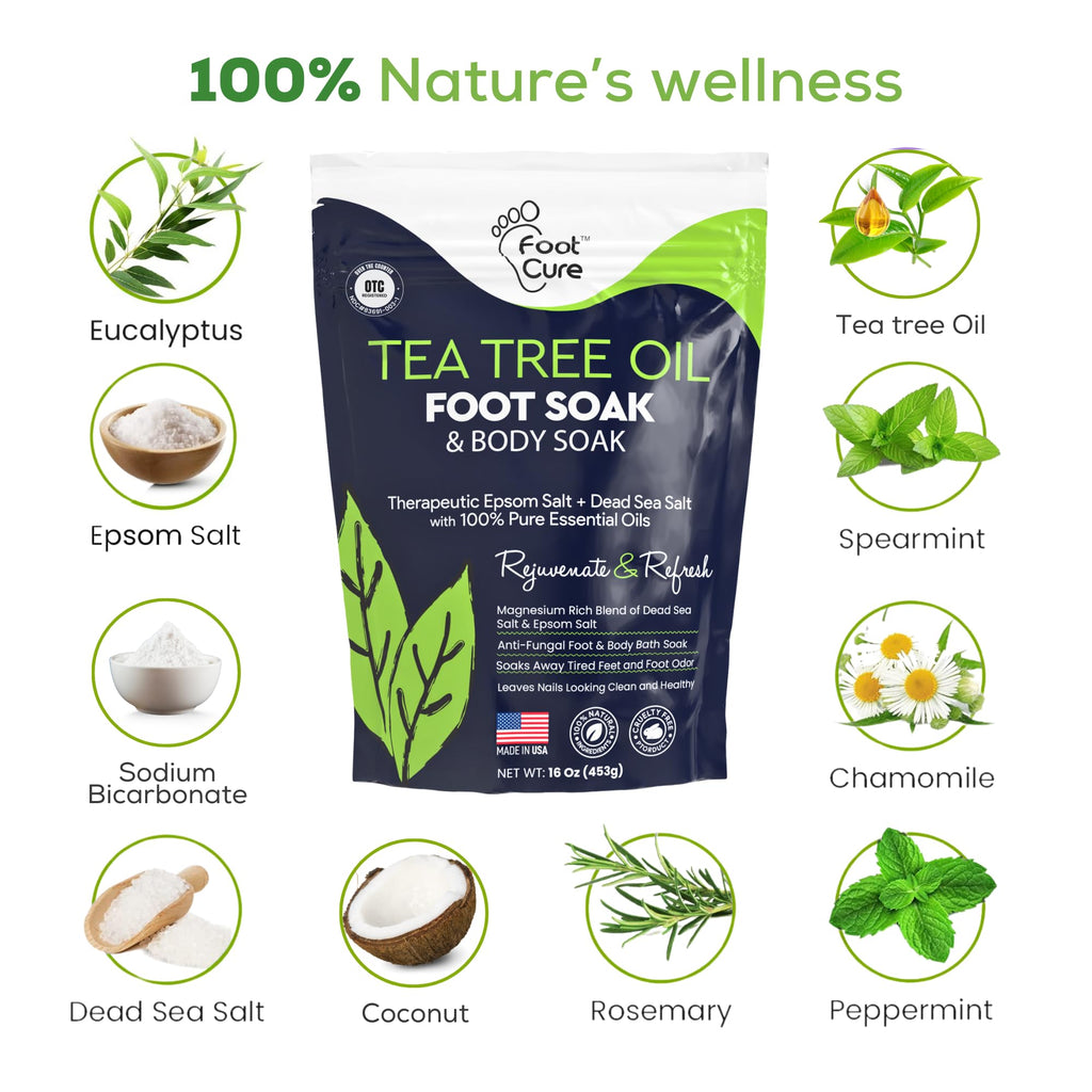 FOOT CURE Tea Tree Oil Foot Soak with Epsom Salt - Best Toenail Fungus Treatment, Athletes Foot & Softens Calluses - Soothes Sore & Tired Feet, Fungal Toe, Foot Odor Scent, Spa Pedicure (Pack of 2)