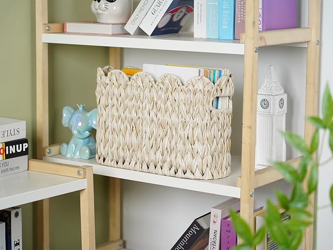 Coeusy Toilet Paper Storage Basket,Boho Decorative Scalloped Baskets,Coastal Bathroom Decor,Hand-Woven Plastic Wicker Bathroom Accessories Organizer