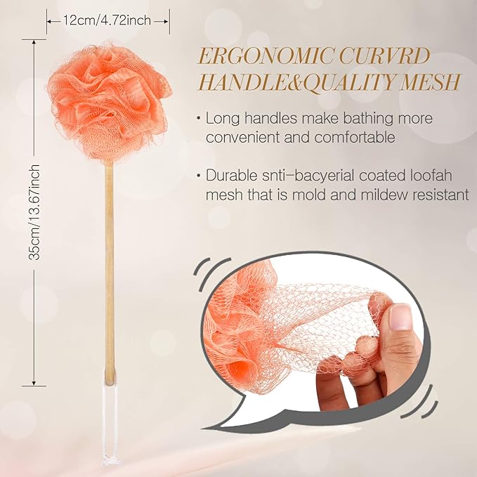 4 Pieces Loofah Back Scrubber Bath Sponge with Wooden Handle Long Handle Sponge Mesh on a Stick for Shower Exfoliating Bath Body Brush Luffa Back Brush for Women Men (Blue, Orange, Yellow, Green)