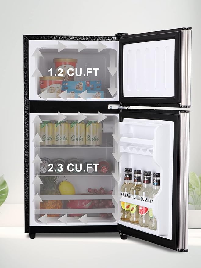 KRIB BLING Mini Fridge With Freezer,3.5 Cu. Ft Compact Refrigerator With 2 Doors,7- Level Adjustable Thermostat, Removable Glass Shelves For Bedroom, Office, Kitchen, Apartment, Dorm, Silver