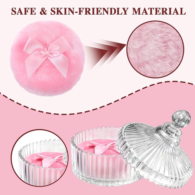 HUGOMOVA 5 Pcs Extra Large Body Powder Puff and Container Set – 5.43" Oversize Crystal Powder Container | 3.54" Ultra-Soft Velour Puff, Washable & Reusable, Ideal for Face (Clear)