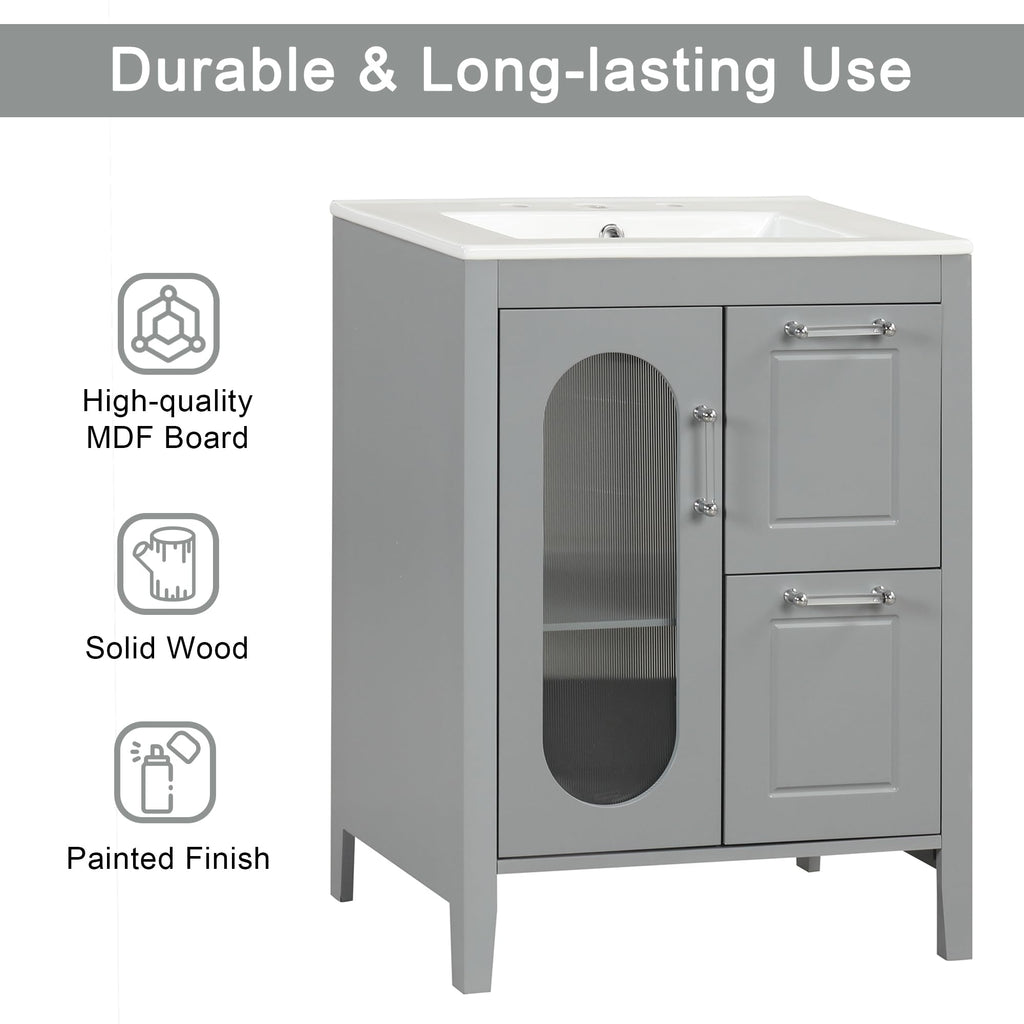 Harper & Bright Designs 24" Bathroom Vanity with Sink, Free Standing Single Basin Vanity Set with Two Drawers and Glass Door, Modern Wooden Bathroom Cabinet with Ceramic Basin for Bathroom, Grey
