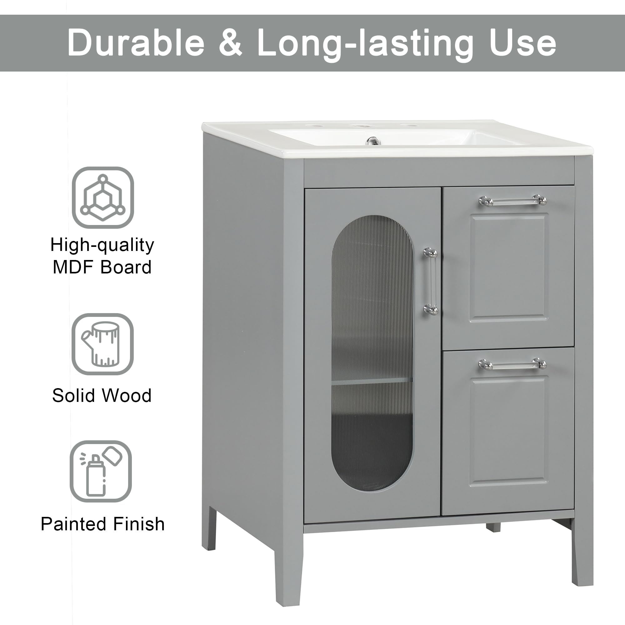 Harper & Bright Designs 24" Bathroom Vanity with Sink, Free Standing Single Basin Vanity Set with Two Drawers and Glass Door, Modern Wooden Bathroom Cabinet with Ceramic Basin for Bathroom, Grey