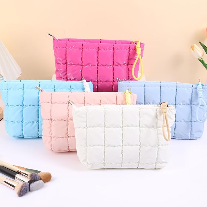 Beayuva Puffer Quilted Makeup Bag Cosmetic Bag Travel Portable Puffy Checkered Toiletry Pouch Skincare Organizer Purse (Purple)