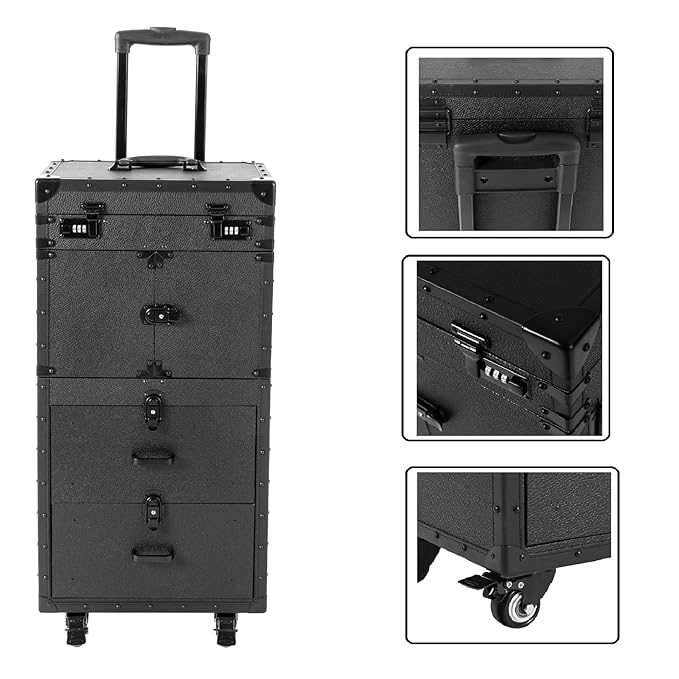 CNCEST Beauty Salon Luggage, Rolling Lockable Hair Stylist Travel Case Hairdressing Trolley Stylist Beauty Salon Cosmetic Luggage Travel Organizer Tool Box with Hair Dryer Holder(All Black)