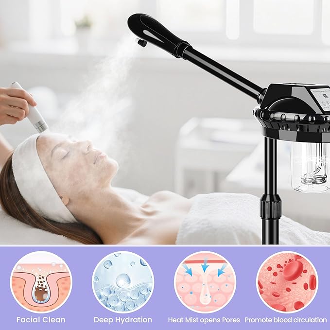 Professional Facial Steamer, Facial Steamer on Wheels with Time Setting & Adjustable Height Stand – Face Steamer for Spa, Salon and at Home Use