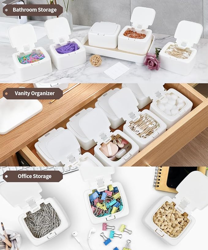 2-Pack Floss Pick Holder and Qtip Holder with One-Touch Opening, Quick Refill for Floss Picks, Cotton Swabs, Balls, Pads - Bathroom Organizers and Storage, Vanity Makeup Storage Organizer