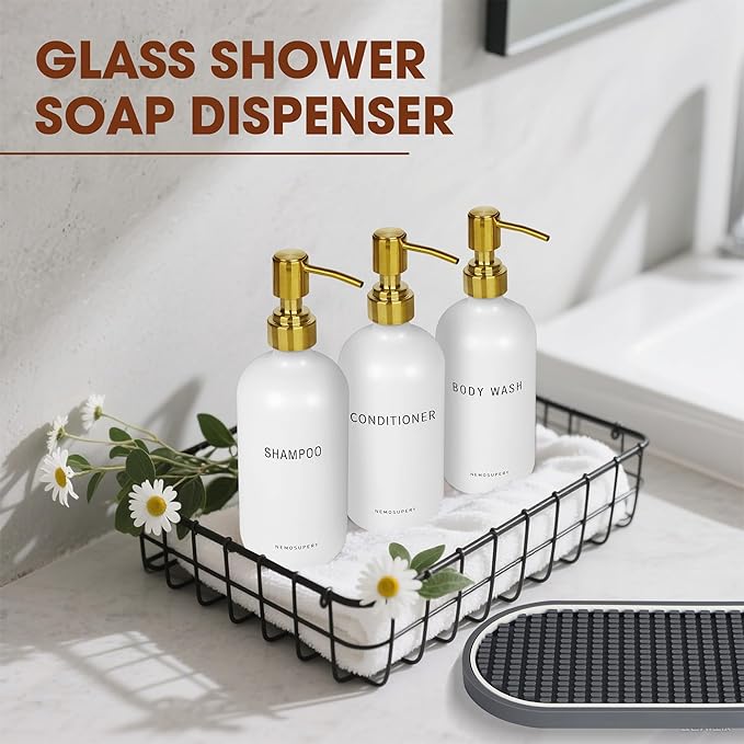 Nemosupery White Glass Shampoo and Conditioner Dispenser Set –16.9oz Refillable Bottles with Stainless Steel Pump, Non-Slip Mat & Waterproof Labels –Shampoo Conditioner Body Wash Dispenser for Shower