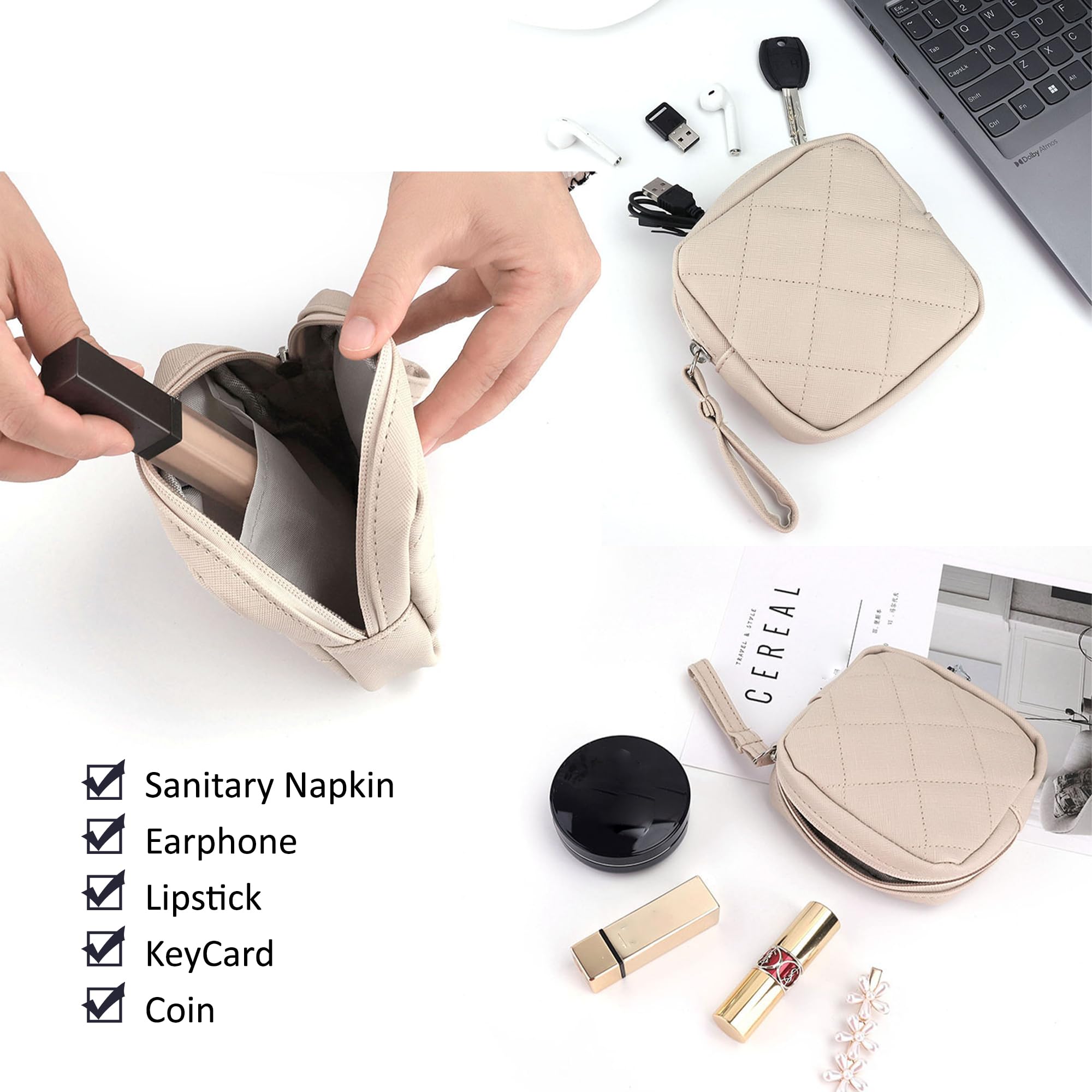 KICPUK Sanitary Napkin Storage Bags, Portable Makeup Bag, Portable Feminine Product Pouch, Reusable Menstrual Pads Storage Organizers Pouch (Beige)