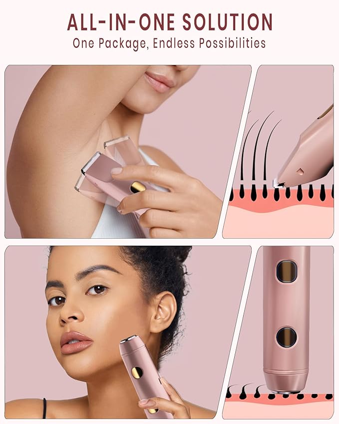 2-in-1 Bikini Trimmer for Women, IPX7 Waterproof Electric Shaver, Body Hair Trimmer & Electric Razor for Face, Lips, Pubic Area, Legs, Rose Pink