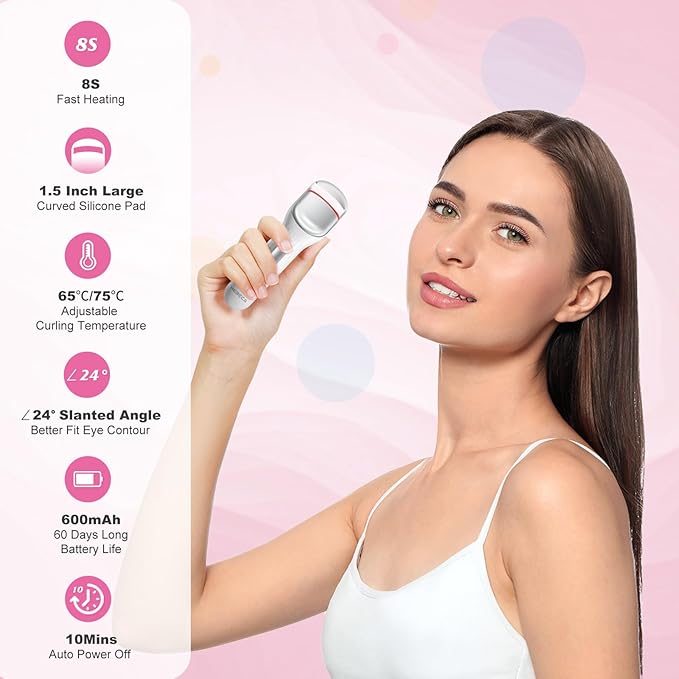 Heated Eyelash Curler, 8s Fast Heat Up, Dual Temperature Modes 149°F /167°F, Rechargeable 600mAh Battery, 24h Long Lasting, 1.5 Inch Wide Safe Silicone Pad Compact Travel Lash Curler