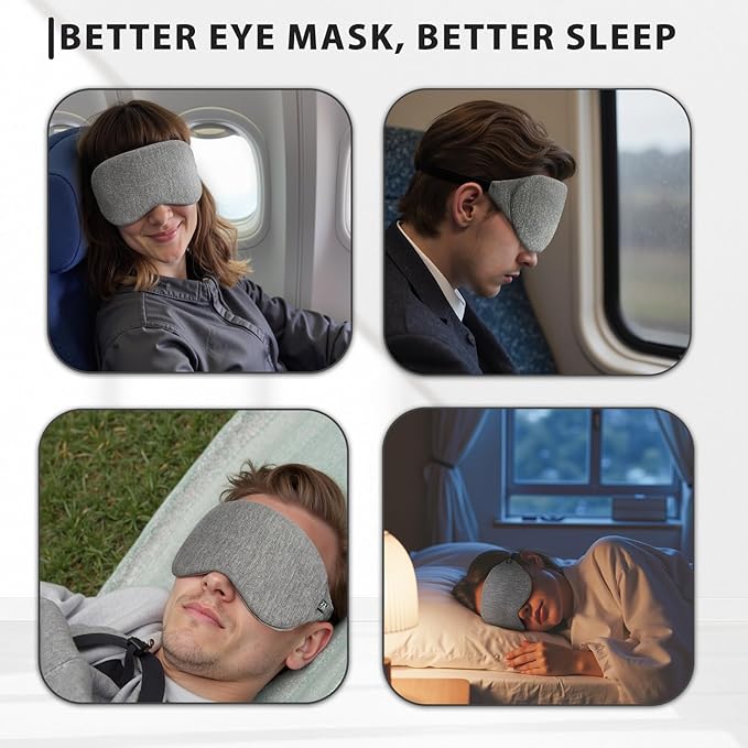 ZLZQER Cool Touch Cotton Eye Sleep Mask for Men & Women, Soft Breathable Flexible Fit for Side Sleepers, Adjustable Light Blocking Mask for Sleeping, Airplane Travel & Naps (Gray)
