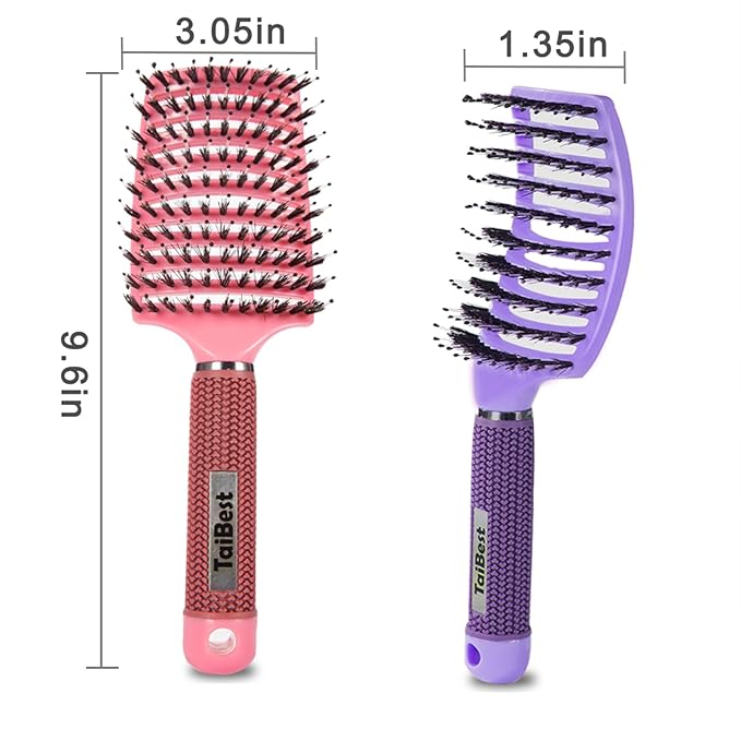 TaiBest Boar Bristle Hair Brush Set - Dry/Wet Hair Brush Detangler for Fine, Thick, Curly Hair - Curved and Vented Hair Brush for Women, Men or Kids (Purple & Apricot Pink)