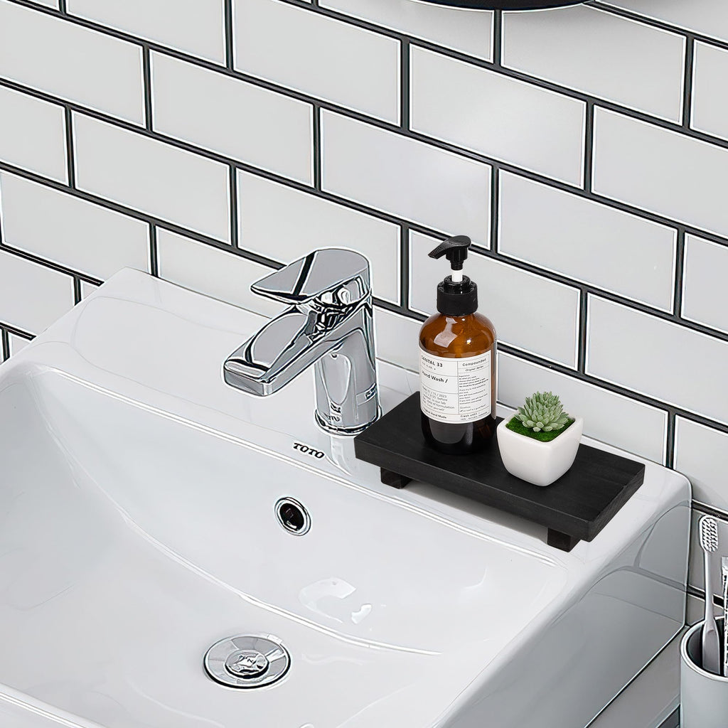 Bathroom Tray Wood Riser Kitchen Decor Soap Holder, 8.7" x 3.6" Black