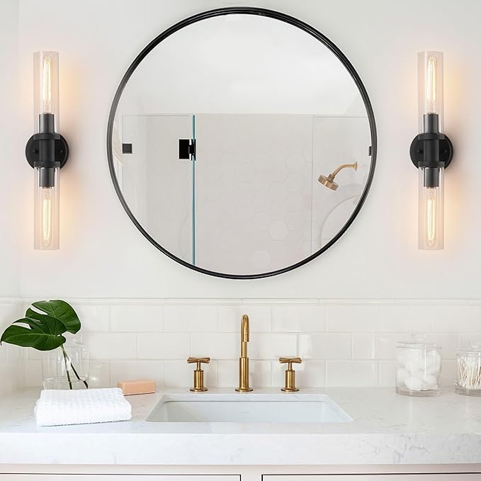 Wall Sconces Set of Two,Matte Black Bathroom Sconces Wall Lighting with Clear Glass, Modern Sconces Wall Decor Set of 2 Wall Light fixtures for Bathroom Mirror Living Room Hallway Bedroom Wall Lamp