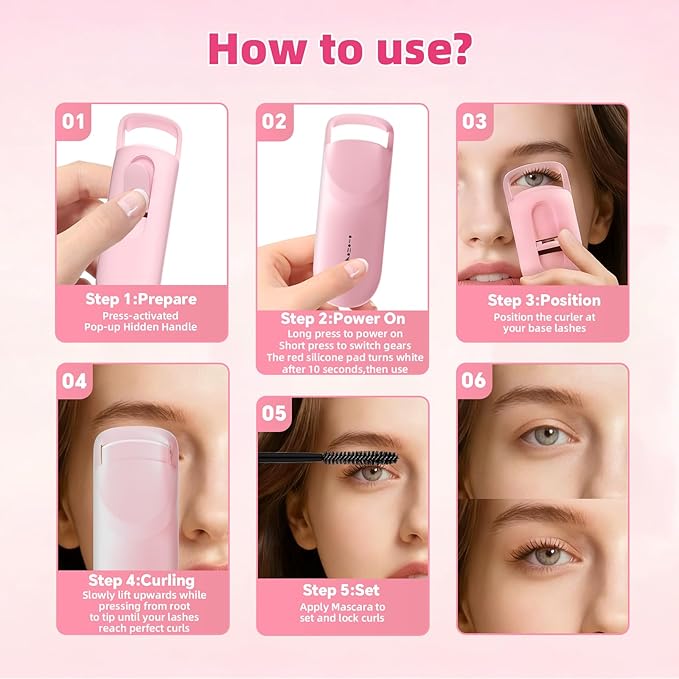 Heated Eyelash Curler, 10s Fast Heating Portable Electric Lash Curler, Type-C Rechargeable Travel Eye Lash Curlers with Anti-Scalding Silicone Pad, 2 Temp Modes & 24H Long Lasting Curves (Pink)