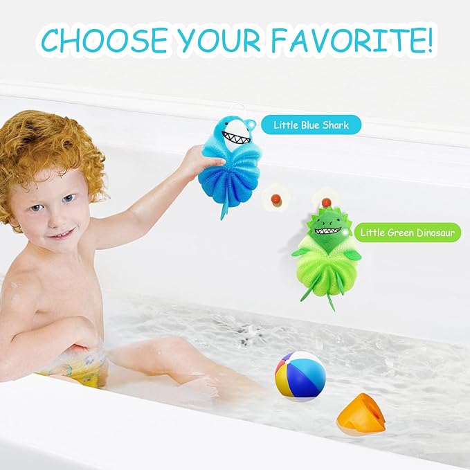 Kids Bath Sponge & Loofah for Kids - 2 Pack Net-Style Mesh with Dinosaur & Shark, Gentle Baby Sponge for Bathing & Toddler Loofah, Soft Exfoliating Pouf