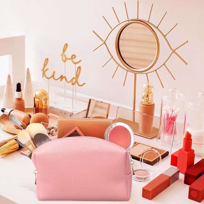 Kigeli Aesthetic Makeup Bags PU Leather Cosmetic Pouches Waterproof Plain Toiletry Bags Makeup Pouches Bulk for Women Party Gift Travel Storage Organizer(Pink,7.1 x 2.8 x 4.3 in)