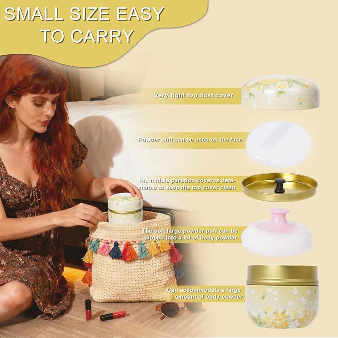 SHIMIDO Body Powder Puff and Container, 3.15" Portable Empty Body Powder Container for Baby Women's Loose Dusting Powder, Powder Case Box with Lids for Bath, Travel and Home Use (Yellow Flower)