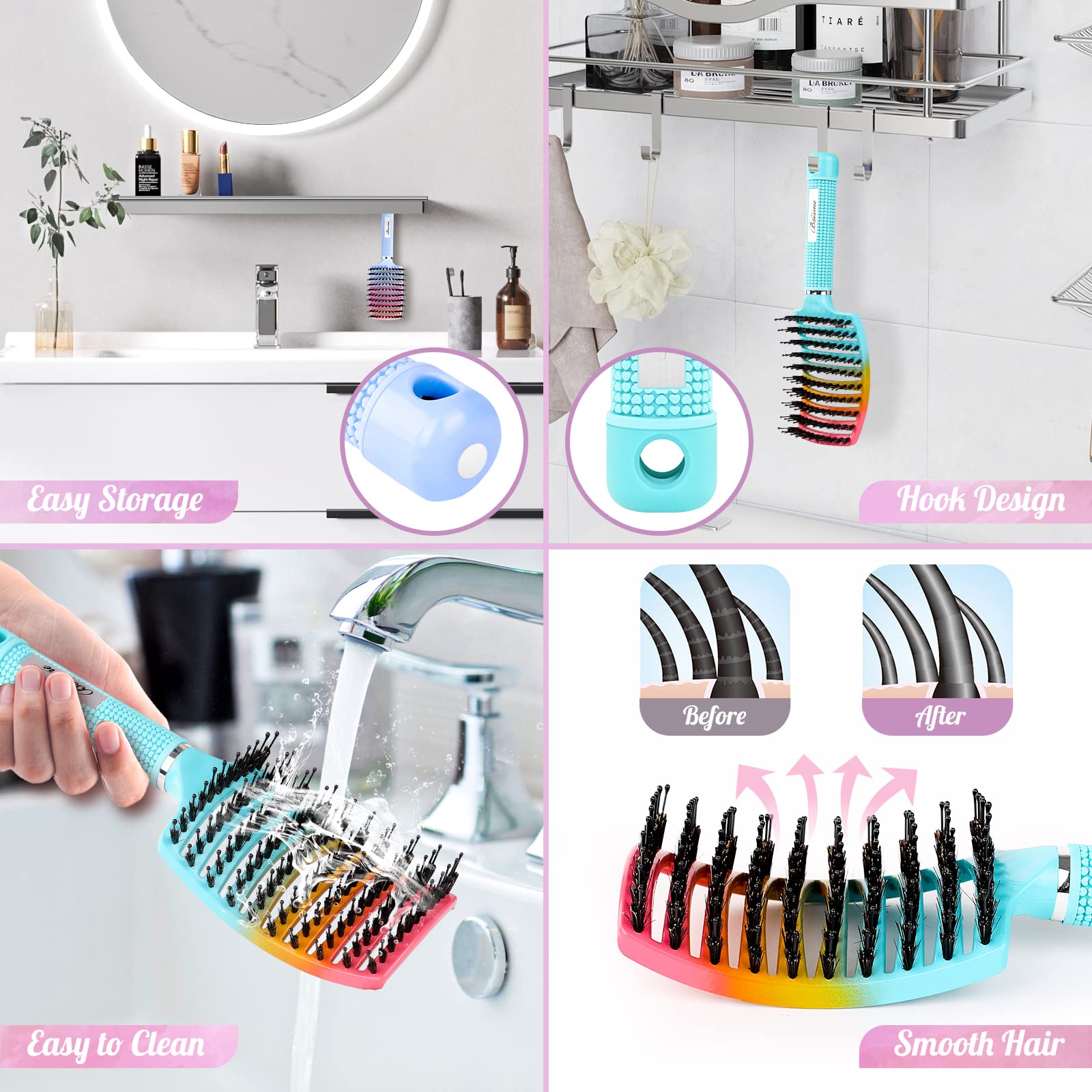 Boar Bristle Hair Brush, Curved Vented Detangler Brush Faster Blow Drying, Paddle Detangling Brush for Women Men Kids Wet Dry Long Curly Thick Straight Hair, Make Hair Shiny and Healthier(Green+Blue)
