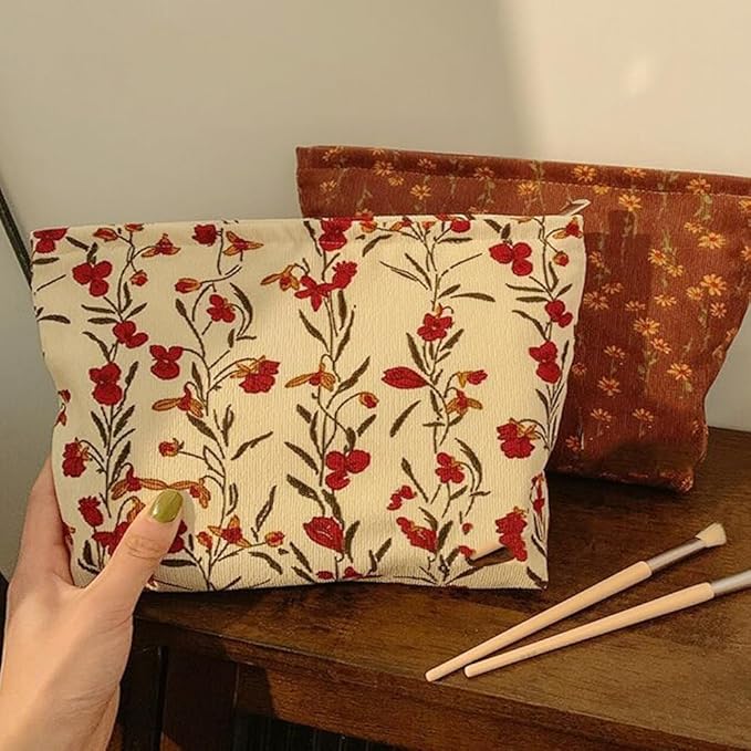 SxoSyo Floral Makeup Bag, Corduroy Cosmetic Bags, Beige