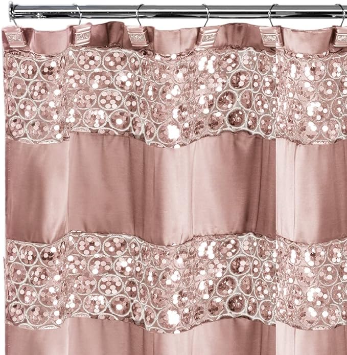 Zahari Home 13pc Sinatra Bathroom Shower Curtain Set - Blush Luxury Fabric With 12 Hooks - Unique Design Bling