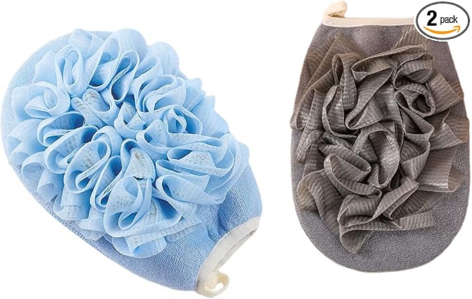 2 Pcs Bath Shower Pouf Sponge 2 in 1 Exfoliating Mesh Pouf Sponge Loofah Bath Glove with Elastic Hand Strap for Women Men Kid Bathroom