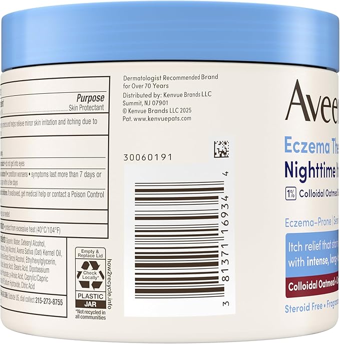 Aveeno Eczema Therapy Nighttime Itch Relief Balm, Colloidal Oatmeal Formula Instantly Soothes Itchy, Eczema-Prone Skin, Moisturizing Balm for Sensitive Skin, Steroid- & Fragrance-Free, 11 oz