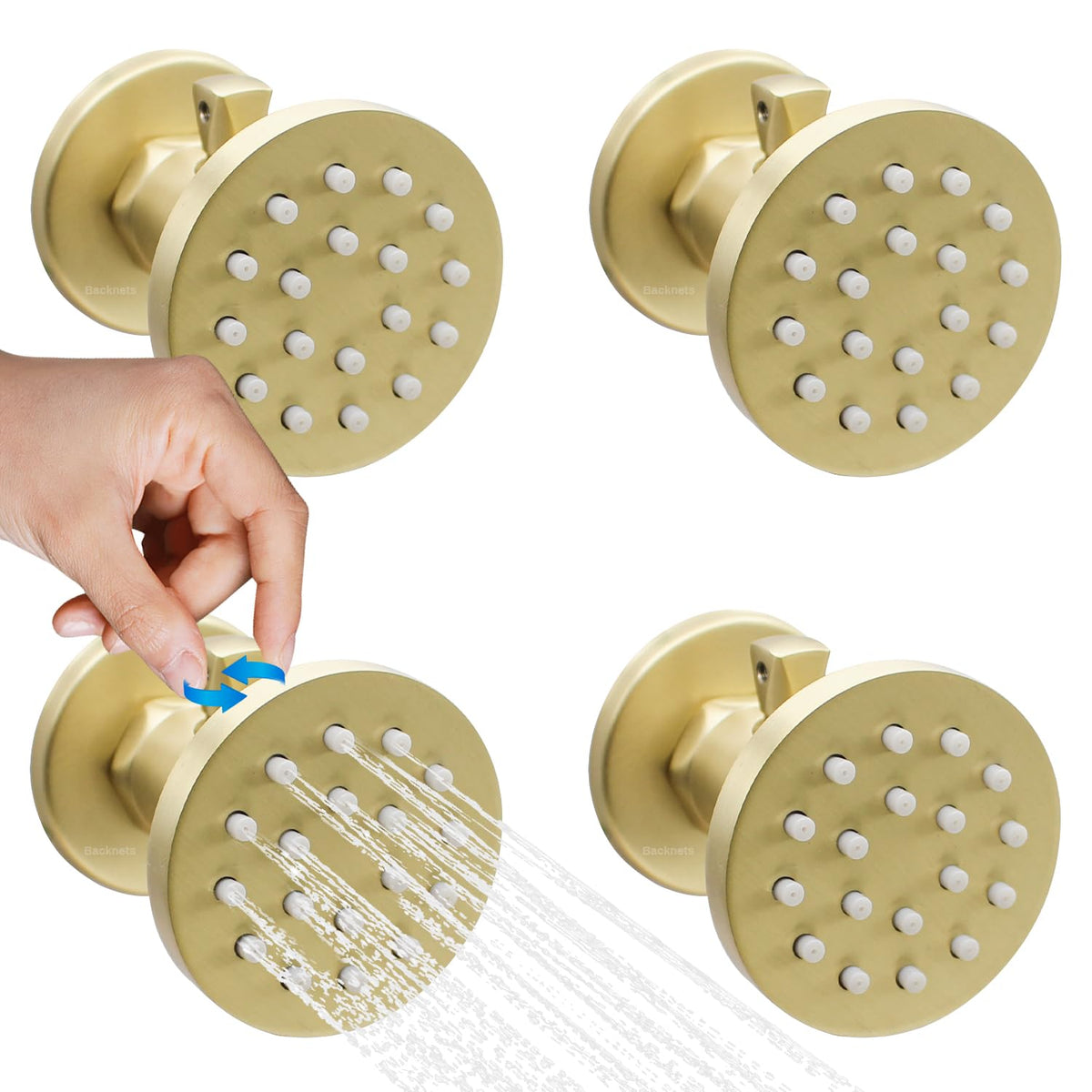 (Upgrade) Solid Brass Shower Jets with On Off Switch Brushed Gold Round Shower Body Sprays Massage Wall Jets Rotating Showerhead Body Sprayers Adjustable, NPT 1/2”