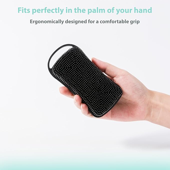 2 PC Silicone Body Scrubber, 2 in 1 Exfoliating Shower Bath Scrubber, Soft Silicone Loofah for Sensitive Skin, Shower Hair Scalp Massager, Easy to Clean, Lather Well (Black&Green)
