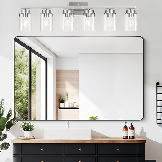 IZORRO Modern Bathroom Light Fixtures, 6 Light Brushed Nickel Vanity Lights, Bathroom Lighting Fixtures Over Mirror with Clear Glass for Living Room Cabinet Bedroom