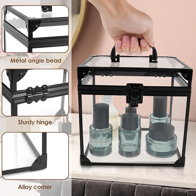 Fizocosisto Makeup Box,Clear Cosmetic Case with Latches and Handle Large Capacity Toiletry Organizer Box Travel Makeup Tools for Vanity Bathroom Counter Dresser(black)