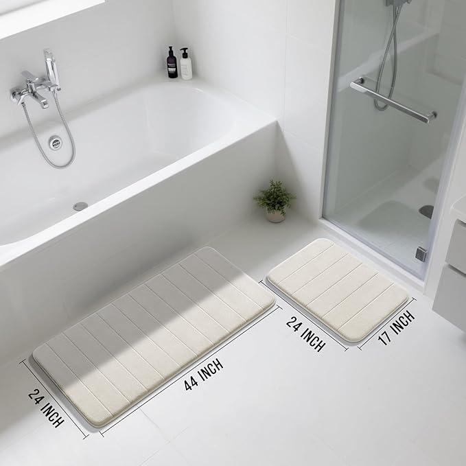 Yimobra Large Bath Mat Set 2 Piece- Super Soft Absorbent Quick Dry Memory Foam Bathroom Rugs, Machine Washable Non Slip Floor Carpet for Tub Shower & Double Vanity (17x24 & 44x24, Cream White)