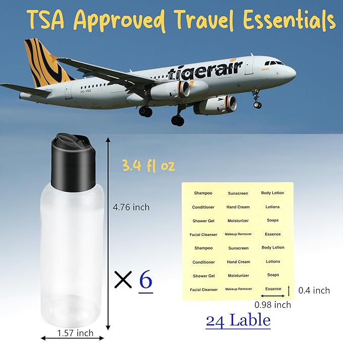 Gmleey 6 Pack Travel Bottles for Toiletries, 3.4oz Travel Shampoo Bottles Leak-Proof Tsa Approved Travel Size Bottle for Shampoo Conditioner and Body Wash, Clear Bottle Body