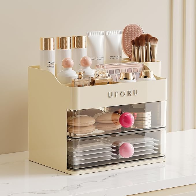 UFORU Makeup Organizer for Vanity with Brush Holder, Countertop Skincare Organizer with 2 Drawers, Spacious Cosmetic Display Case for Perfumes, Eyeshadow Palettes, Nail Polishes