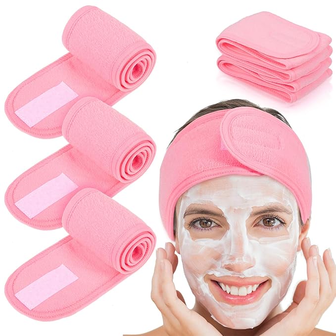 Whaline Spa Headband 4 Pcs Pink Makeup Hair Band Facial Head Wrap Hair Tie