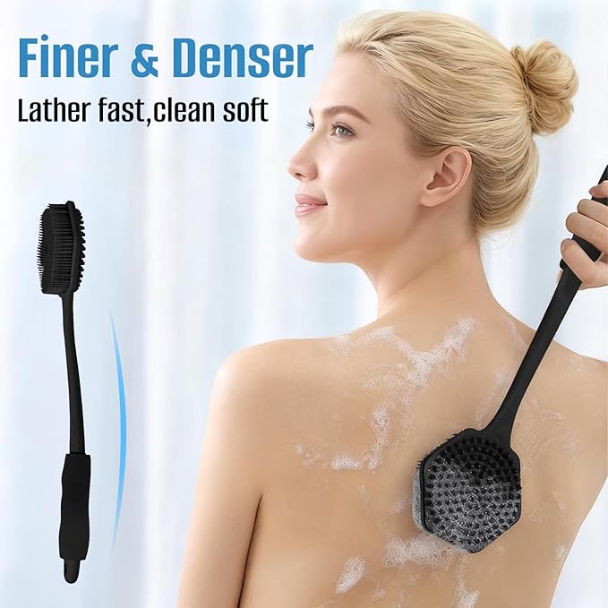 Back Scrubber for Shower - Long Handled Bath Brush, 15" Dual-Sided Silicone Bristles with Massage Beads, Silicone Body Brush for Skin Massage and Body Exfoliator,Non-Slip (2 Pack)