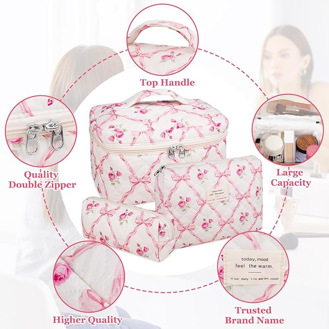 Gosect 3PC Makeup Bag Set, Quilted Makeup Bag, Large Floral Cosmetic Bag for Women, Cute Cotton Makeup Bags, Flower Travel Toiletry Organizer Bag (Pink Flower)