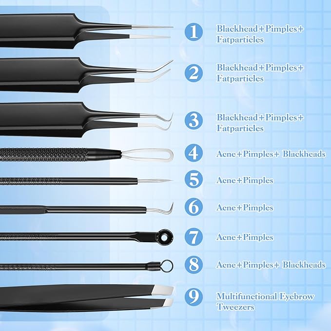 HairChrysm 9 PCS Blackhead Extraction Tool Kit, Blackhead Remover Tool Comedones Extractor Acne Removal Kit for Nose Face