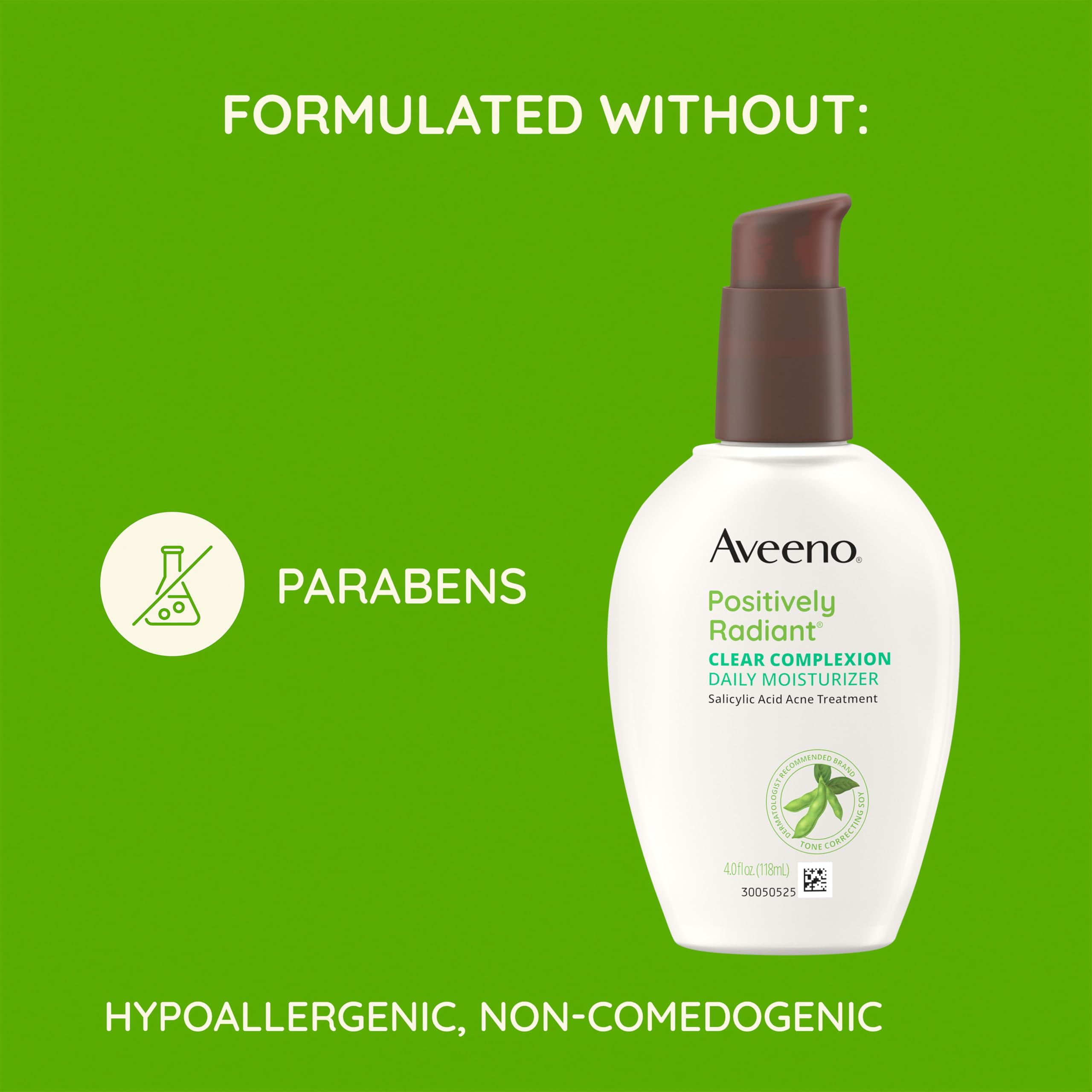 Aveeno Positively Radiant Clear Complexion Face Moisturizer, Acne Facial Lotion with Soy and Salicylic Acid for Oily Skin, Hypoallergenic Formula, Paraben-Free, Non-Comedogenic, Pump, 4 Fl Oz