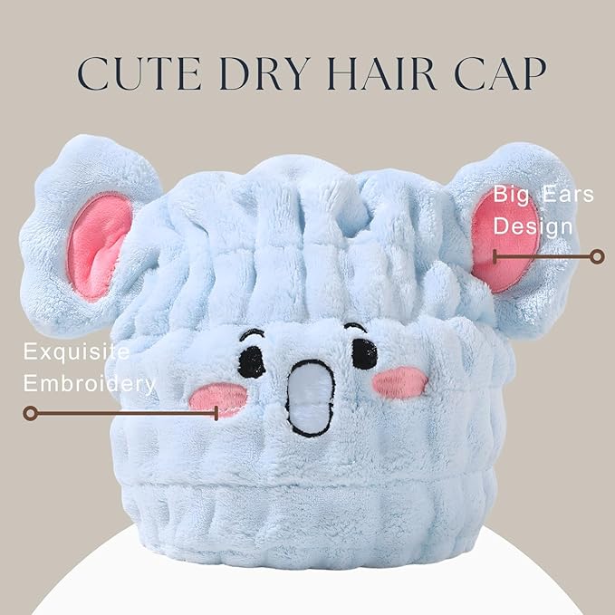 LCBD Microfiber Hair Towel Wrap for Kids, Blue Elephant Dry Hair Cap Suck Water, Absorbent Quick Girls Boys Hair Drying Towel, Lightweight Bouncy Hat Headscarf