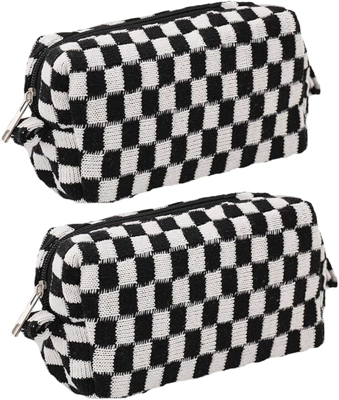 SxoSyo 2 Pcs Checkered Cosmetic Bags, Makeup Brushes Cases, Black