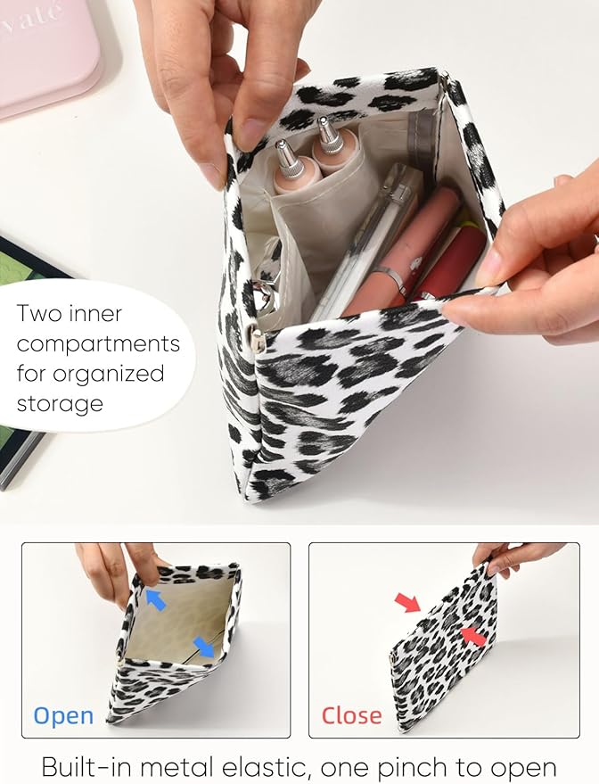 Ksriylm Leopard Leather Small Makeup Pouch for Women,Cosmetic Accessories,Waterproof and Portable Cosmetic Bag,Self-closing, No Zipper, Aesthetic Storage Pouch,Lipstick for Purse,White Black