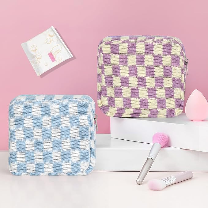 CekPo Sanitary Napkin Storage Bag, Menstrual Pad Zipper Bag Checkered Portable Period Bag Panty Liners, Tampon Storage Pouch for Women Ladies Daily Use Storage Purse Travel