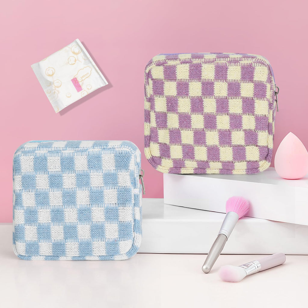 CekPo Sanitary Napkin Storage Bag, Menstrual Pad Zipper Bag Checkered Portable Period Bag Panty Liners, Tampon Storage Pouch for Women Ladies Daily Use Storage Purse Travel